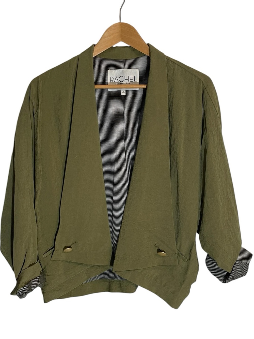 A8- RACHEL Olive Open-Front Draped Blazer with Gold Accents